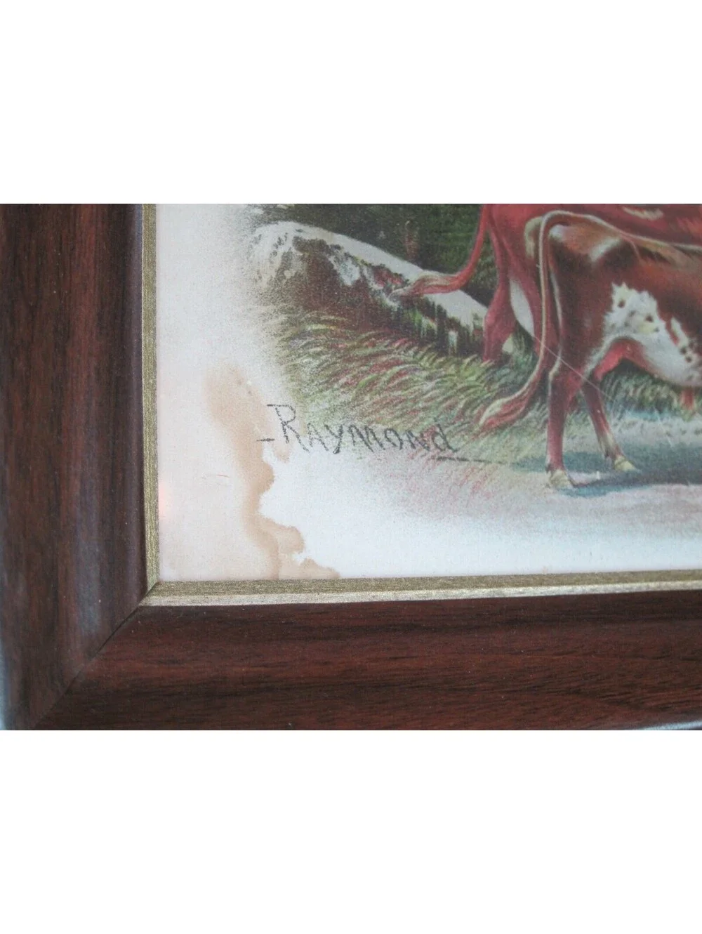 Antique RAYMOND Litho Art Print Country Lake Mountain Cattle Boat 22x18 Framed